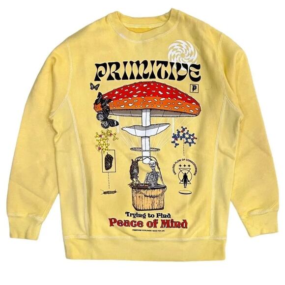 Primitive Skateboarding Elevator Yellow Washed Crewneck Sweatshirt, Unisex Small - Picture 1 of 10